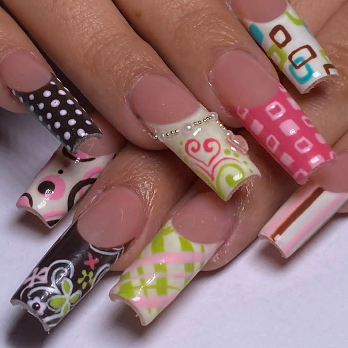 Whimsical Colorful Long Square Press On Nail Set with Playful Patterns