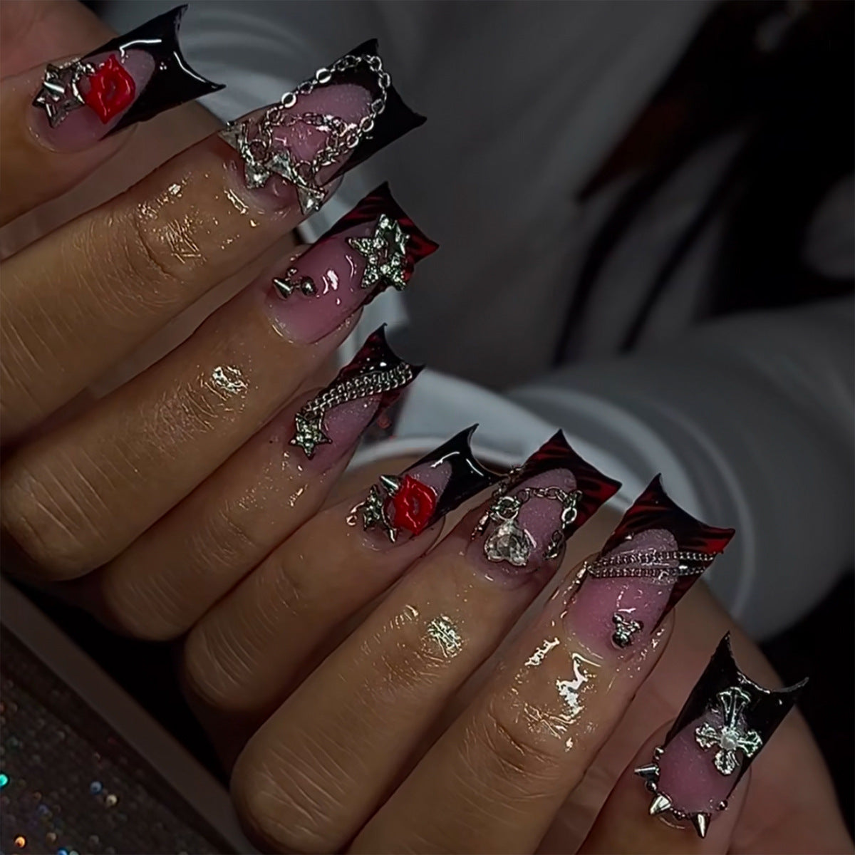 Gothic Elegance Long Square Black and Red Press On Nail Set with Unique Glamorous Embellishments