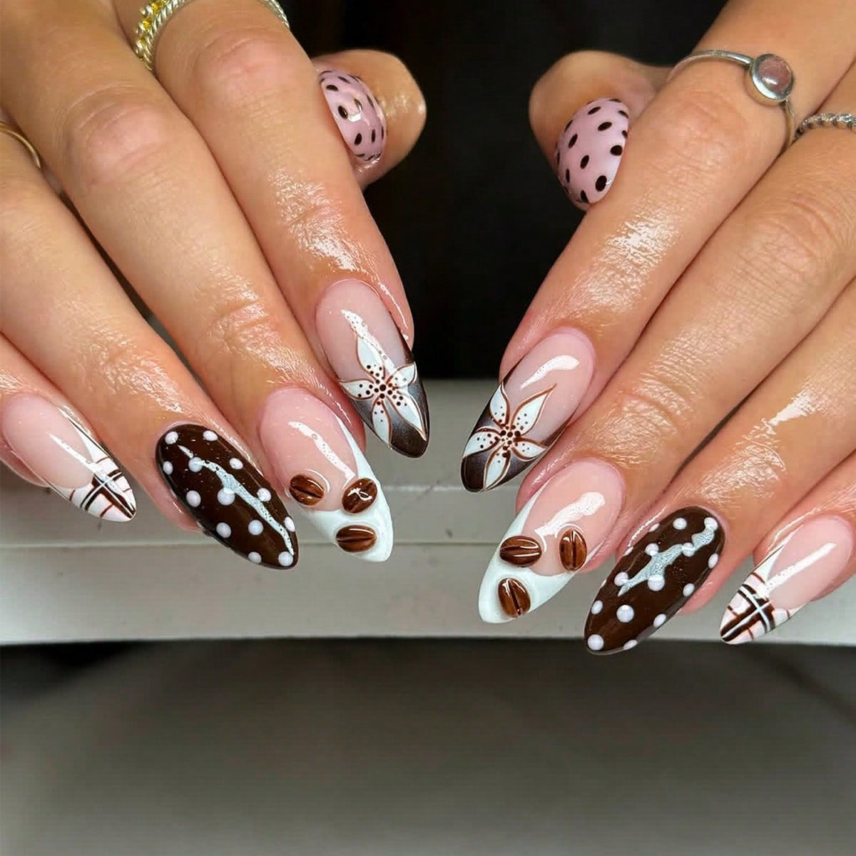 Chocolate Delight Medium Almond Brown and White Floral Design Press On Nail Set