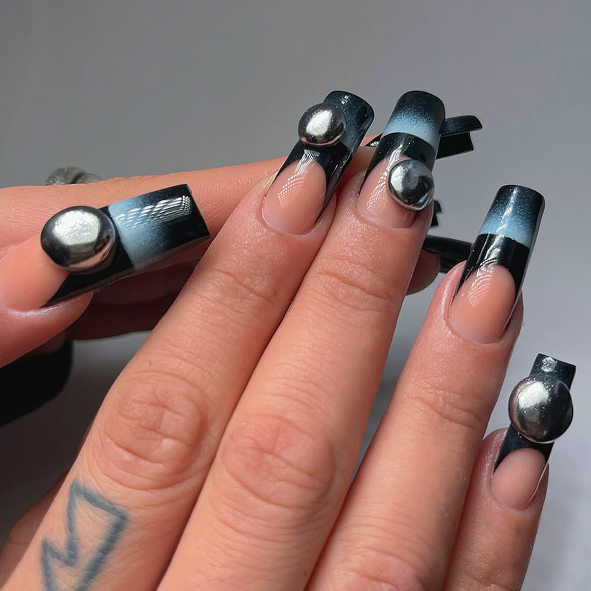 Gothic Glamour Long Square Black Ombre Press-On Nail Set with Unique Metallic Accents