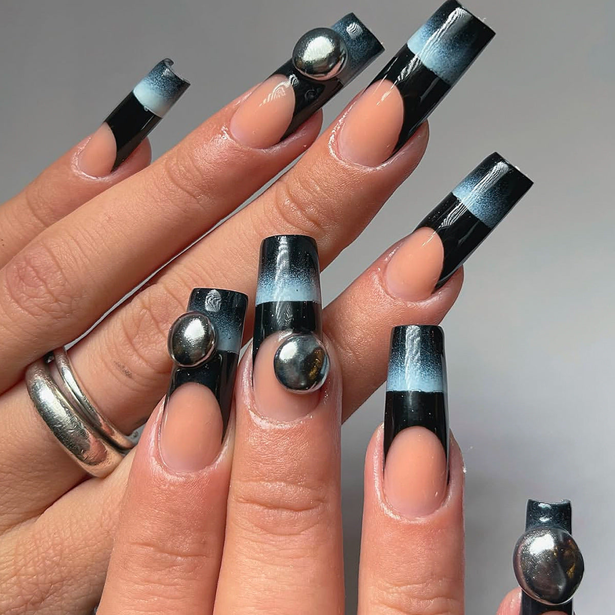 Trendy Cosmic Long Square Black and Blue Ombré Press On Nail Set
