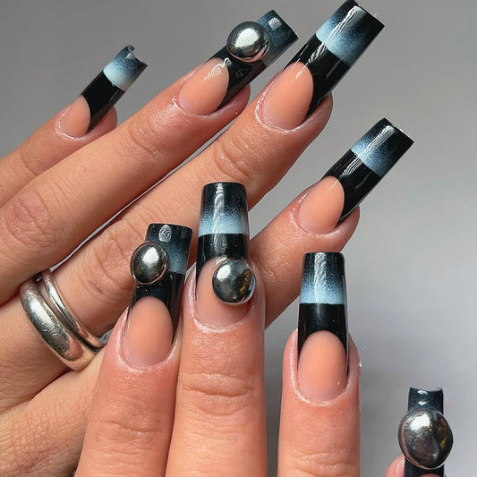 Trendy Cosmic Long Square Black and Blue Ombré Press On Nail Set