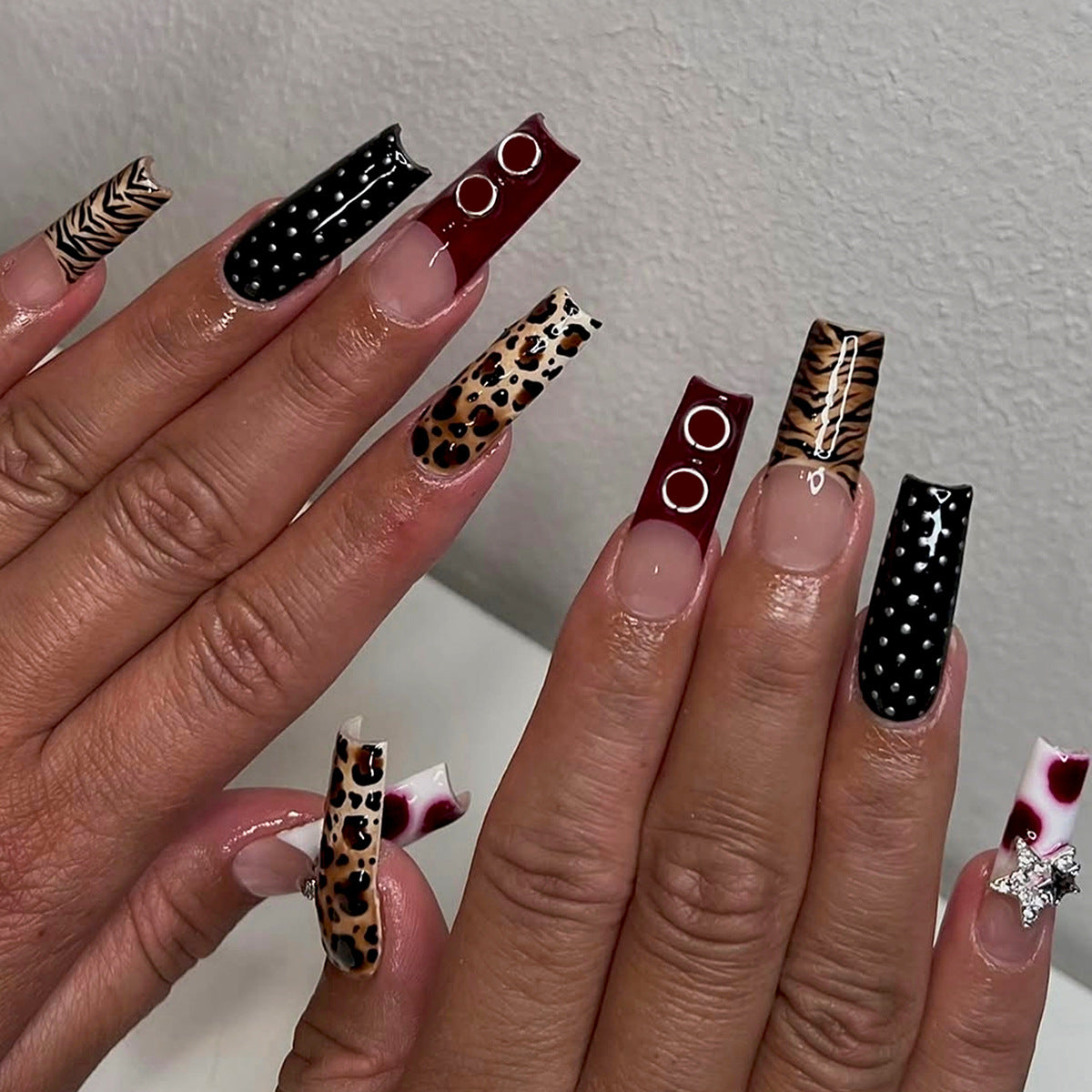 Wild Chic Long Square Nail Set with Glamorous Patterns and Unique Details