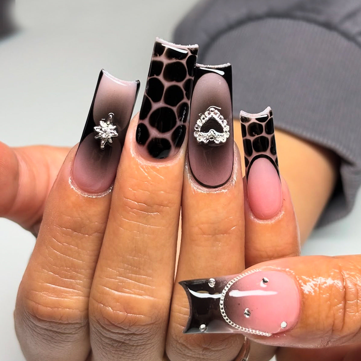 Glamorous Long Square Black and Pink Gradient Press on Nails with Unique Rhinestone Accents