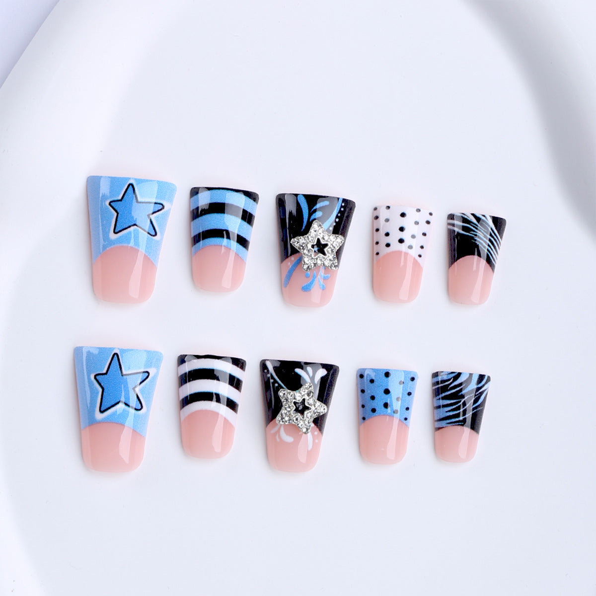Celestial Starry Nights Long Duck Blue with Glitter Accent Press-On Nail Set