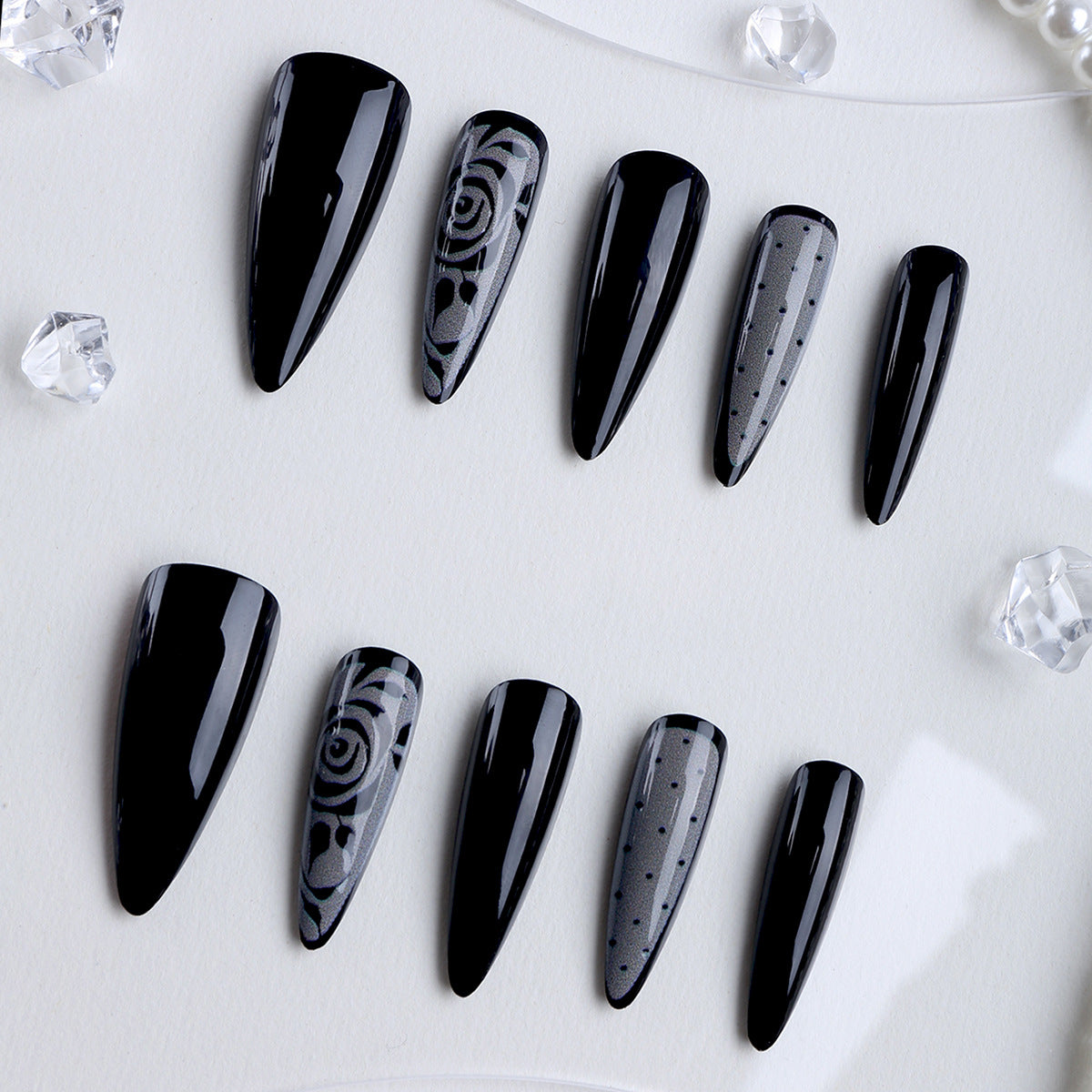 Mysterious Midnight Long Almond Black Nail Set with Intricate Patterns