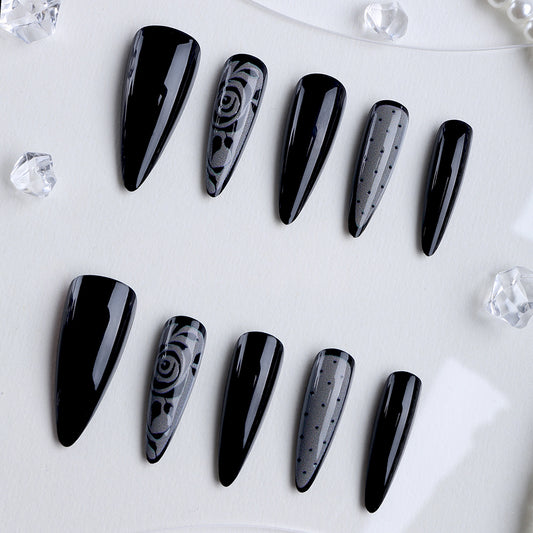 Mysterious Midnight Long Almond Black Nail Set with Intricate Patterns
