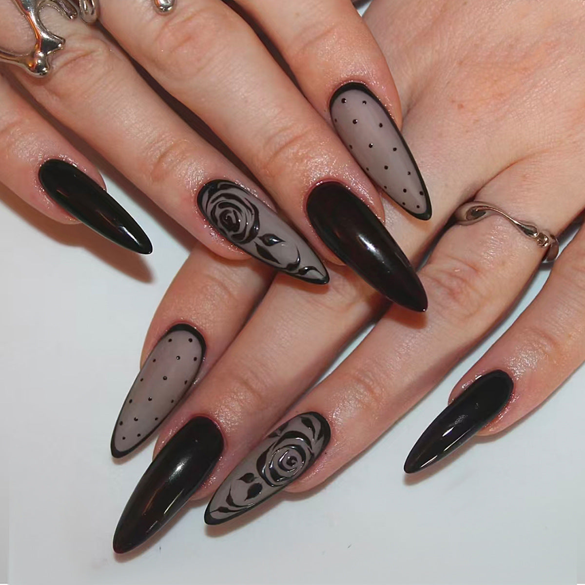 Gothic Elegance Medium Almond Black Press On Nail Set with Floral Design
