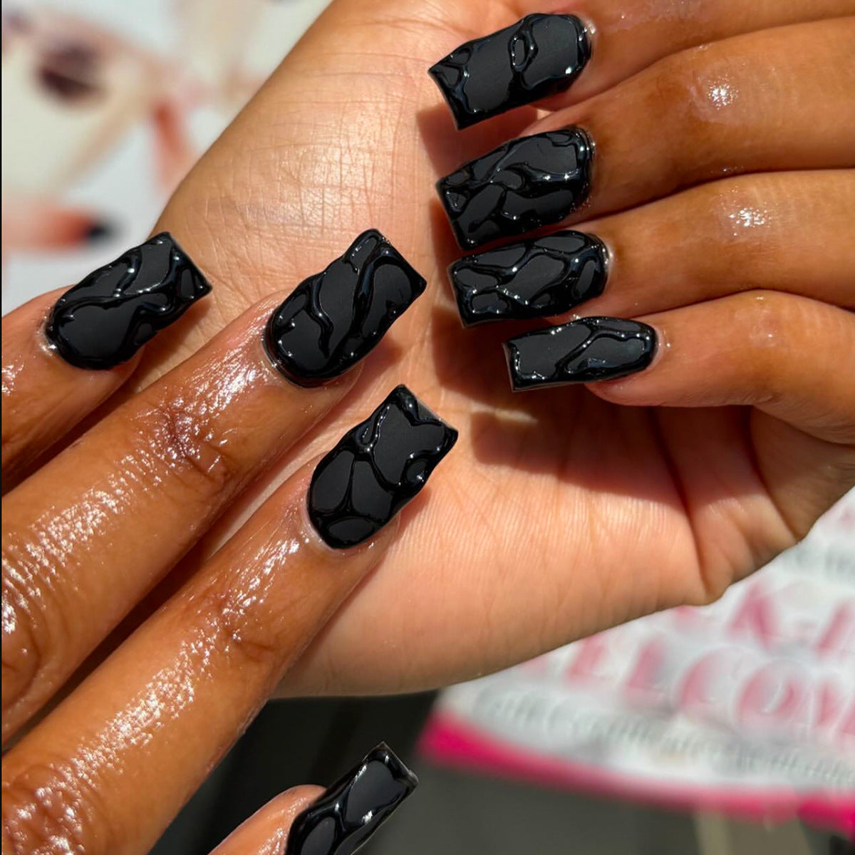 Gothic Glamour Long Square Black Marble Effect Press On Nails Set