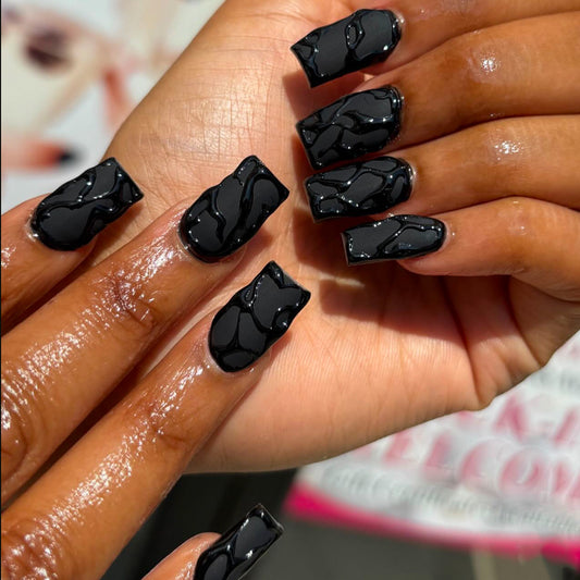 Gothic Glamour Long Square Black Marble Effect Press On Nails Set