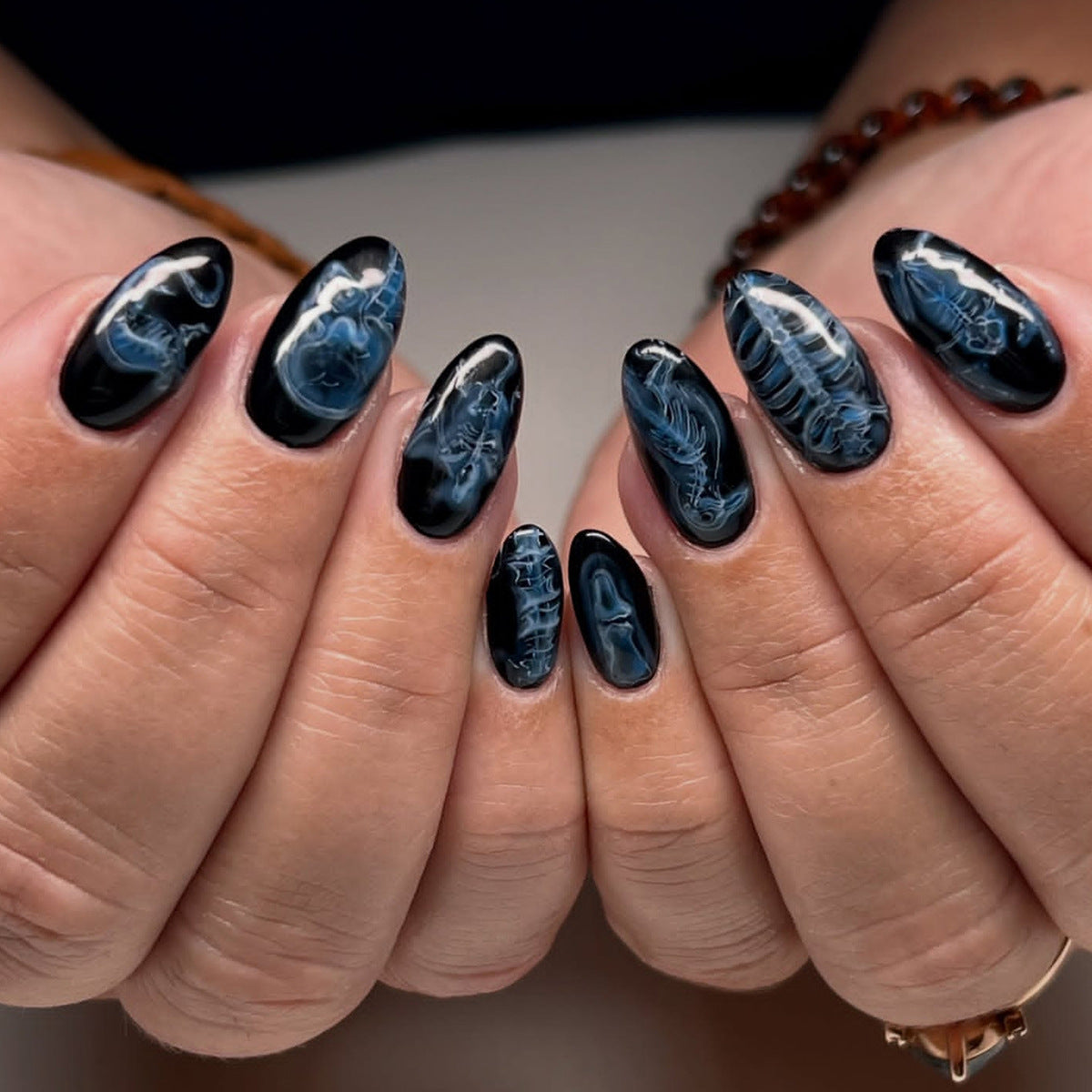 Mystical Night Medium Almond Black with Intricate Blue Designs Press-On Nail Set