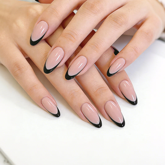 Elegant Enchantment Medium Oval Shape Blush Pink with Glossy Black Tips Stunning Nail Set