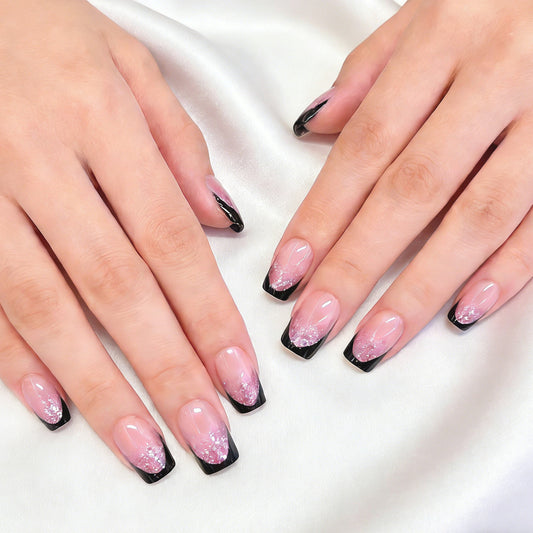 Glamorous Dreamy Medium Square Pink Ombre Nails with Sparkling Black Tips