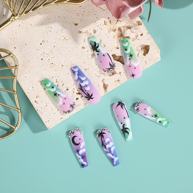 Dreamy Tropical Vibes Long Coffin Press-On Nail Set in Pastel Pink and Green with Sparkling Gem Accents
