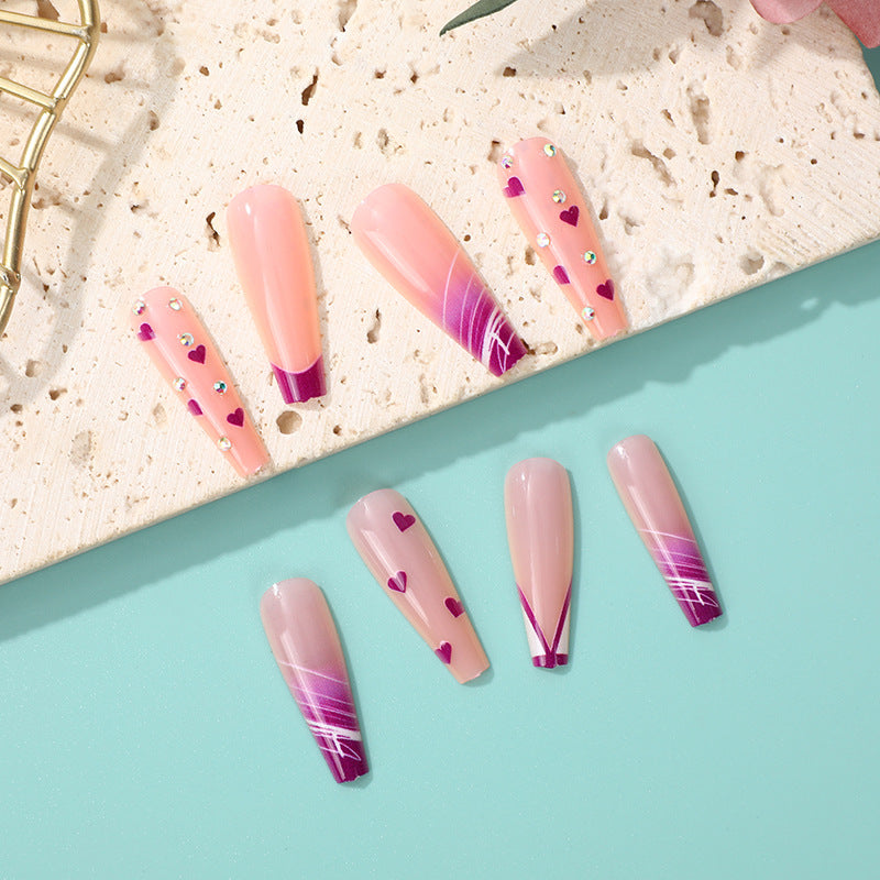 Cupid's Love Press On Nail Set Long Coffin Shape Soft Pink and Deep Purple Gradient with Heart Accents and Rhinestone Details