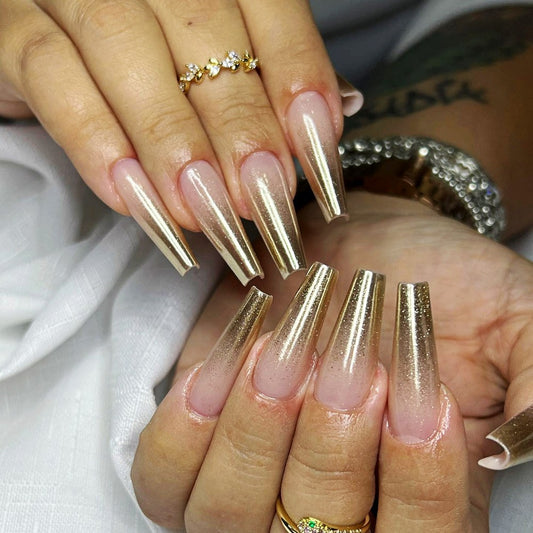 Glamorous Evening Extra Long Coffin Beige and Gold Glitter Press On Nail Set