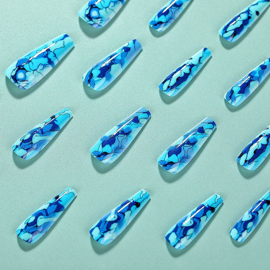 Ocean Adventure Long Coffin Shape Blue Marble Effect Press on Nail Set