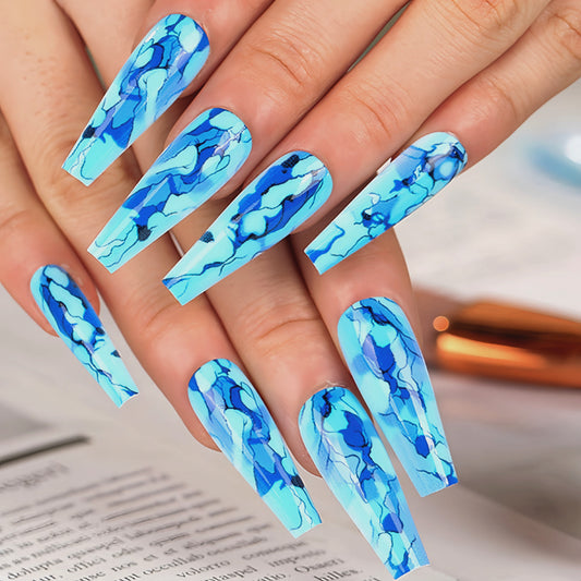 Ocean Fantasy Extra Long Coffin Blue Marble Press On Nail Set with Abstract Swirls