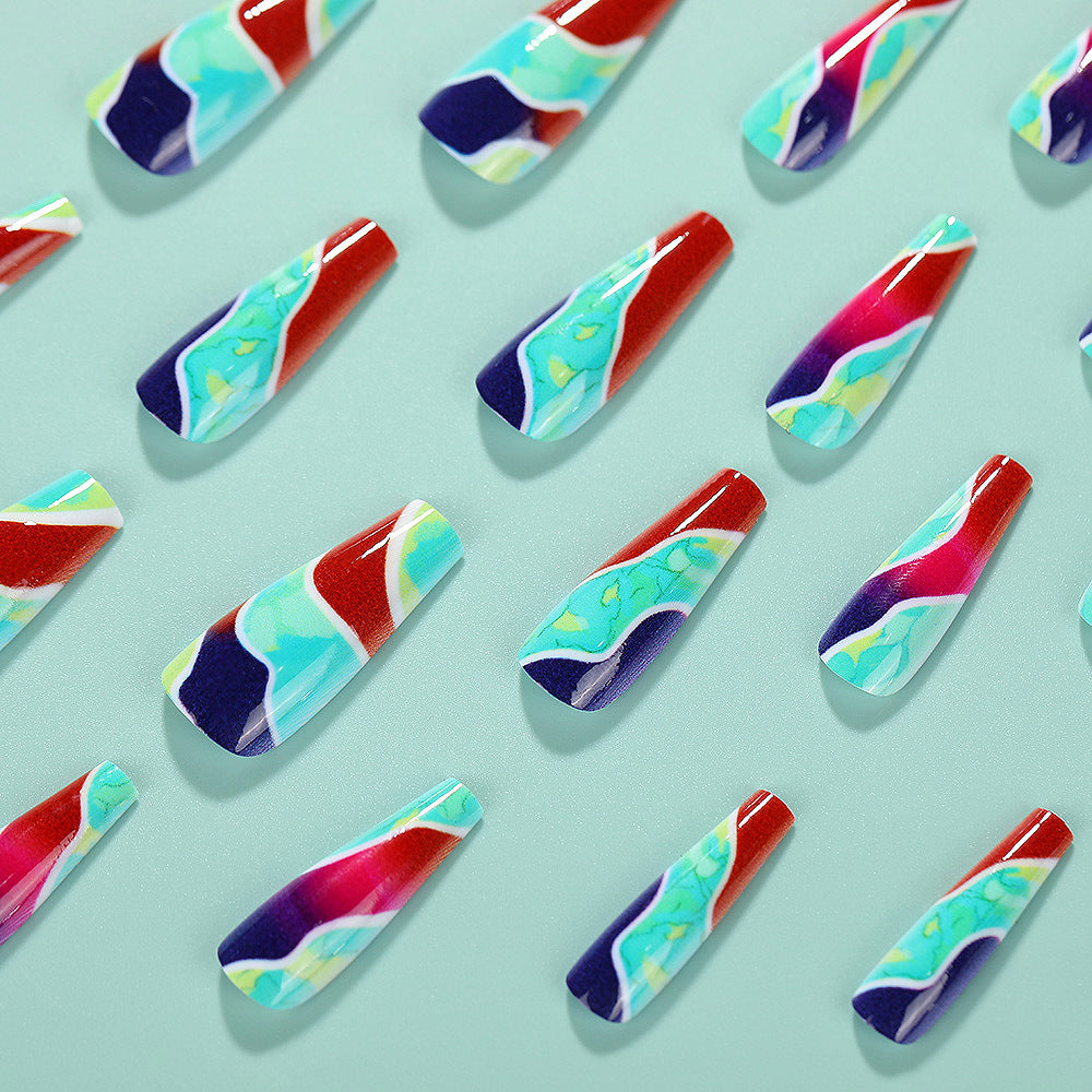 Mermaid Escape Long Coffin Multicolor Abstract Swirl Press On Nail Set