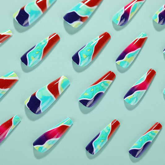 Mermaid Escape Long Coffin Multicolor Abstract Swirl Press On Nail Set