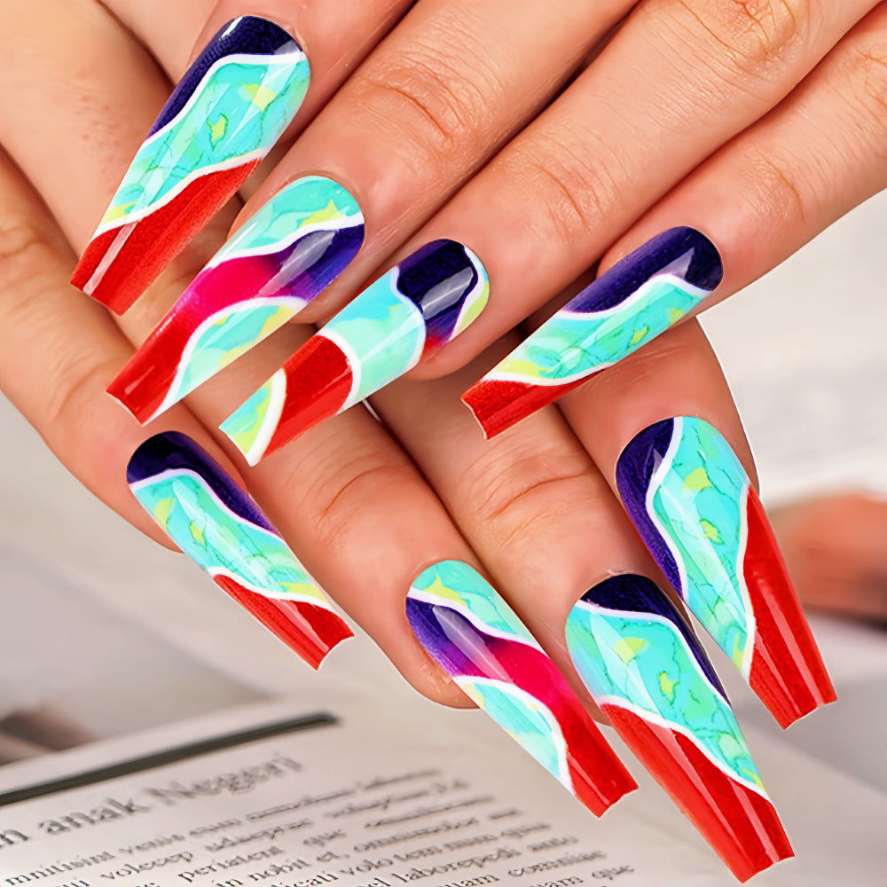 Summer Splash Long Coffin Multicolor Marble Swirl Press On Nail Set