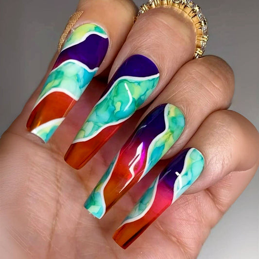 Mystic Marbling Extra Long Coffin Multicolor Press On Nail Set with Watercolor Swirls
