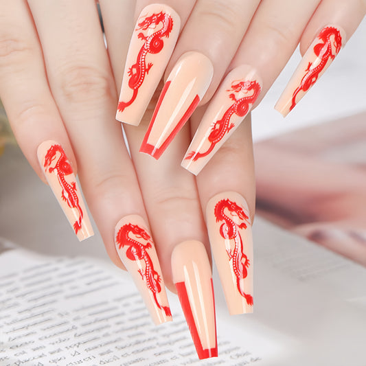 Mystical Dragon Theme Long Coffin Shape Beige and Red Color Press On Nail Set with Intricate Asian-Inspired Art Design