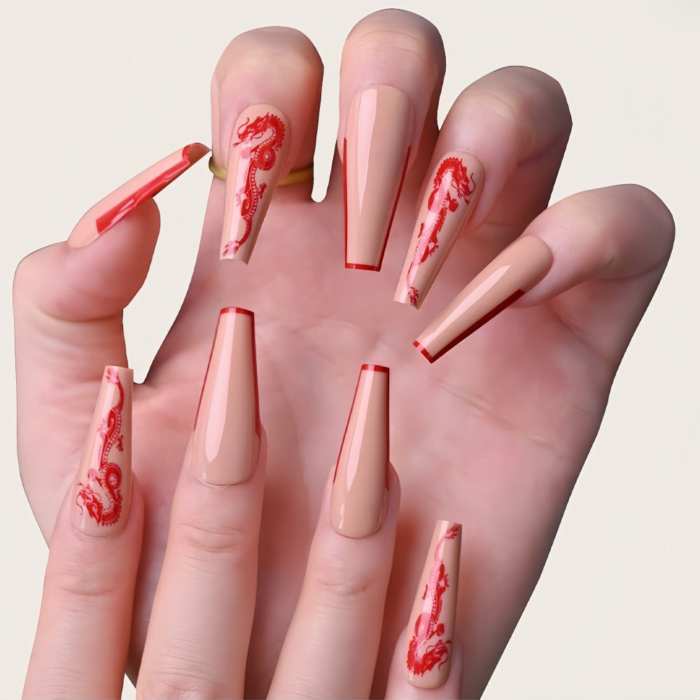 Oriental Dragon Elegance Extra-Long Coffin Peach Press On Nails with Red Art Detail