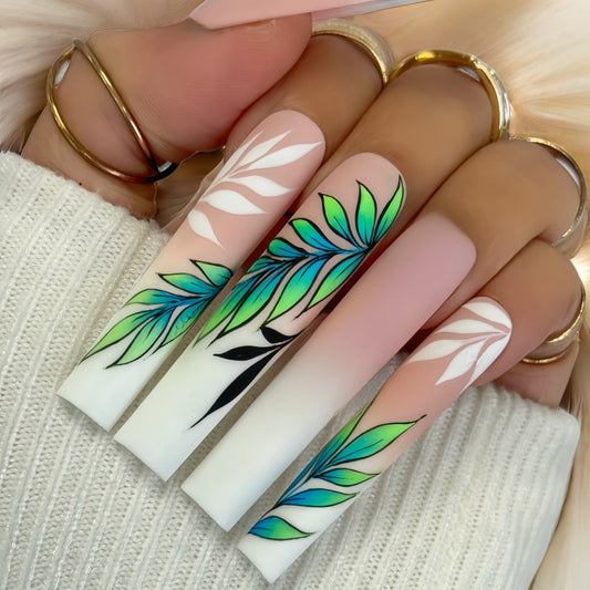 Botanical Bliss Long Square Multicolor Press On Nail Set with Hand-Painted Leaf Designs