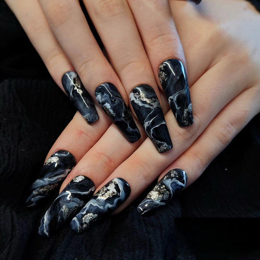 Mystic Marble Elegance Long Coffin Black and White Press On Nail Set with Gold Accents