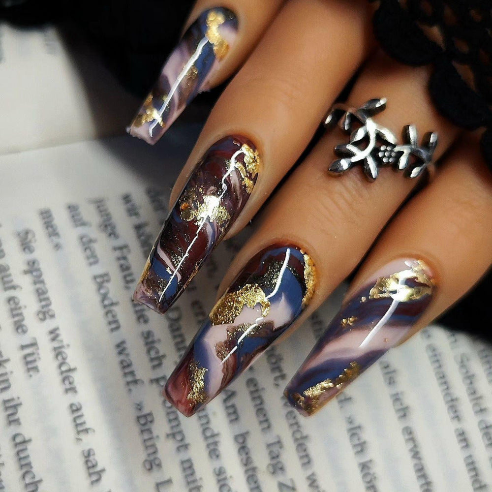 Enchanted Evening Extra Long Coffin Purple Marble Press On Nail Set with Gold Foil Accents