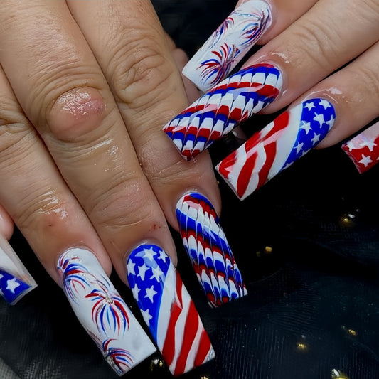 Patriotic Celebration Long Square Red White and Blue Press On Nail Set with Unique Firework Designs