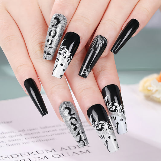 Glamorous Night Out Extra Long Coffin Black and Silver Press On Nail Set with Sparkling Glitter Accents