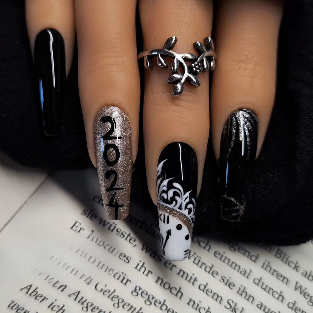 New Year's Glamour Long Coffin Black and Silver Press On Nail Set Featuring 20 down Design
