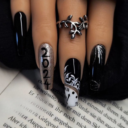 New Year's Glamour Long Coffin Black and Silver Press On Nail Set Featuring 20 down Design