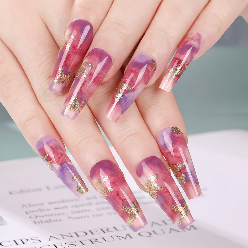 Dreamy Garden Long Coffin Shape Purple and Pink Ombre Press On Nail Set with Gold Flakes