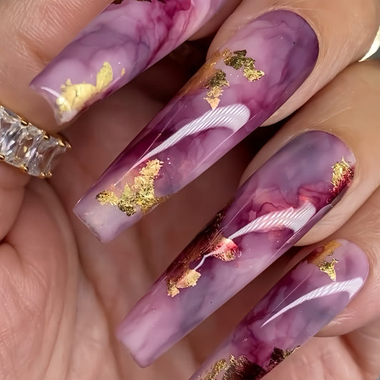 Mystical Elegance Long Coffin Purple Marble Press On Nail Set with Gold Accents