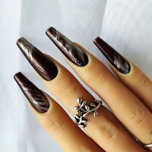 Gothic Elegance Long Coffin Dark Burgundy Press On Nails with Shimmering Silver Swirl Design