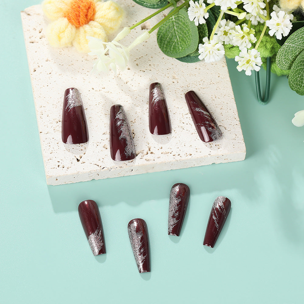 Glamorous Burgundy Coffin Shaped Long Press On Nails with Sparkling Silver Accents
