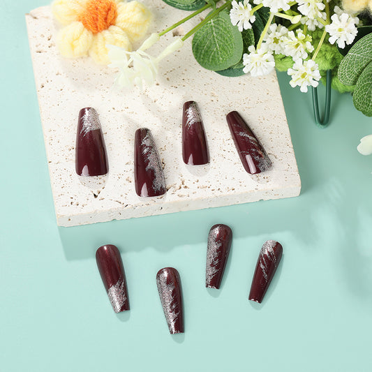 Glamorous Burgundy Coffin Shaped Long Press On Nails with Sparkling Silver Accents
