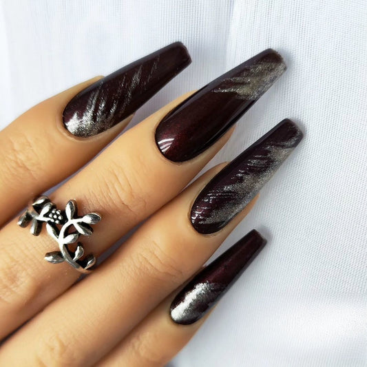 Gothic Elegance Long Coffin Burgundy and Silver Streak Press on Nail Set with Unique Metallic Finish