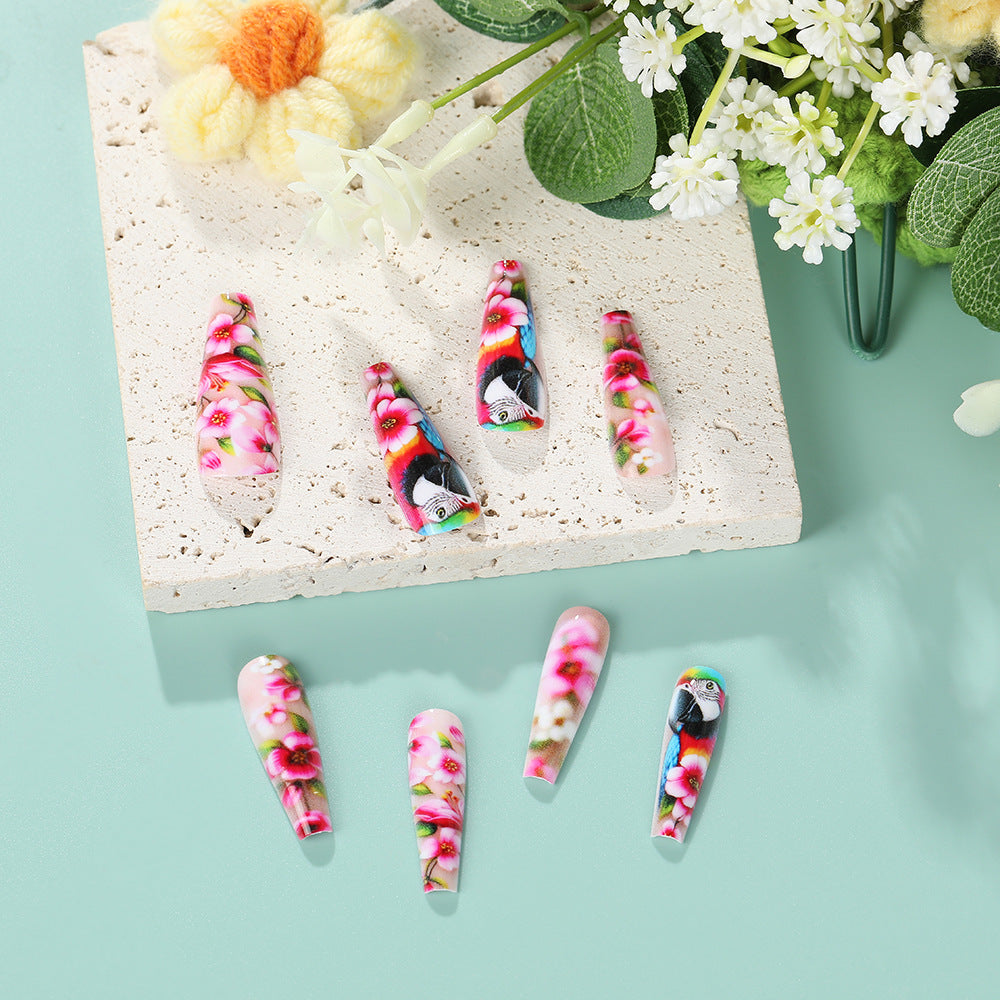 Tropical Paradise Floral Art Long Coffin Pink Press On Nail Set with Unique Bird Design