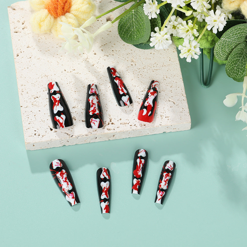 Elegant Koi Pond Long Coffin Press On Nail Set in Black Red and White with Unique Artistic Watercolor Design