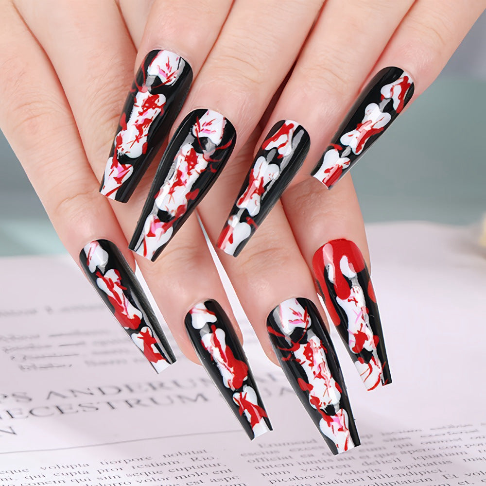 Gothic Elegance Long Coffin Press On Nail Set in Black Red and White with Unique Swirl Design