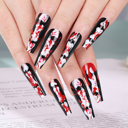 Gothic Elegance Long Coffin Press On Nail Set in Black Red and White with Unique Swirl Design