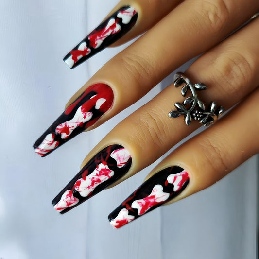 Gothic Elegance Long Coffin Shaped Red Black and White Marble Press On Nail Set with Glossy Finish