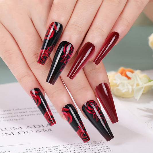 Gothic Rose Charm Extra Long Coffin Press On Nails Red and Black Floral Design