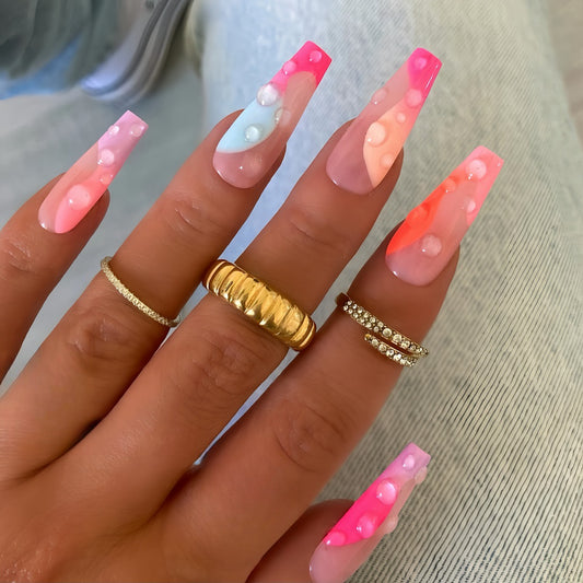 Dreamy Sunset Long Coffin Press On Nails Pink Blue Ombre with 3D Bubble Effect