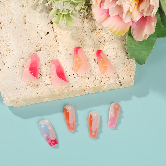 Tropical Sunset Press On Nail Set Long Coffin Blush Pink Coral Ombre with Glossy Bubble Accents