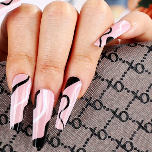 Chic Artistry Long Coffin Shaped Pink and White Marble Press On Nail Set with Black Swirls